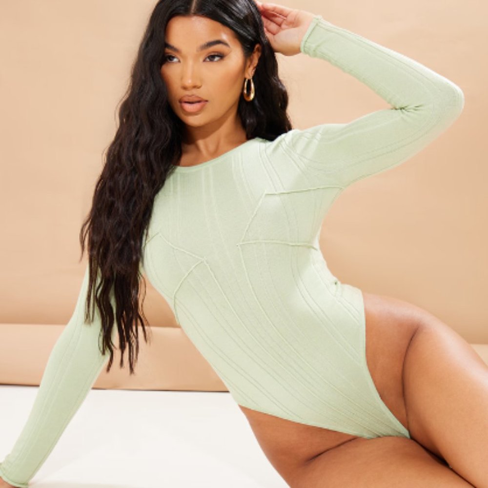 PrettyLittleThing Green Contrast Binding Knit Bodysuit